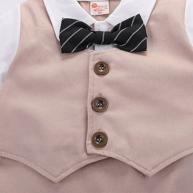 Cotton baby jumpsuit romper in black with short sleeves and removable hood, front view