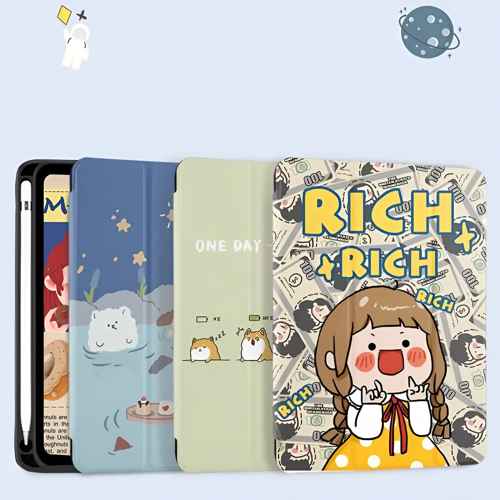Three fold silicone shell iPad case with imitation leather exterior and cute cartoon print on front cover