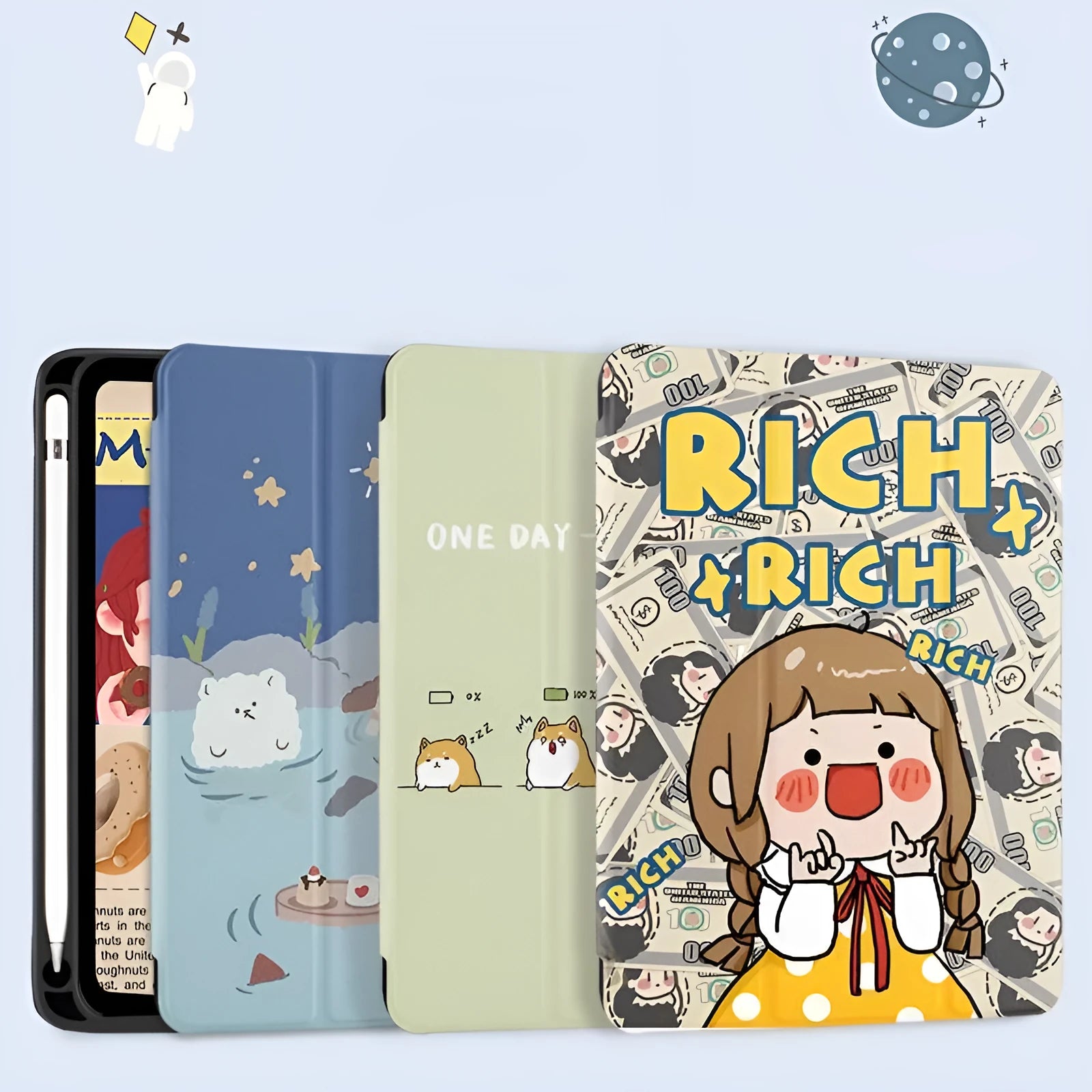 Three fold silicone shell iPad case with imitation leather exterior and cute cartoon print on front cover