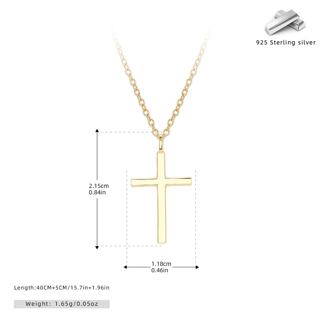 S925 sterling silver necklace with glossy cross pendant on O-chain in gold, platinum, or rose gold plating.