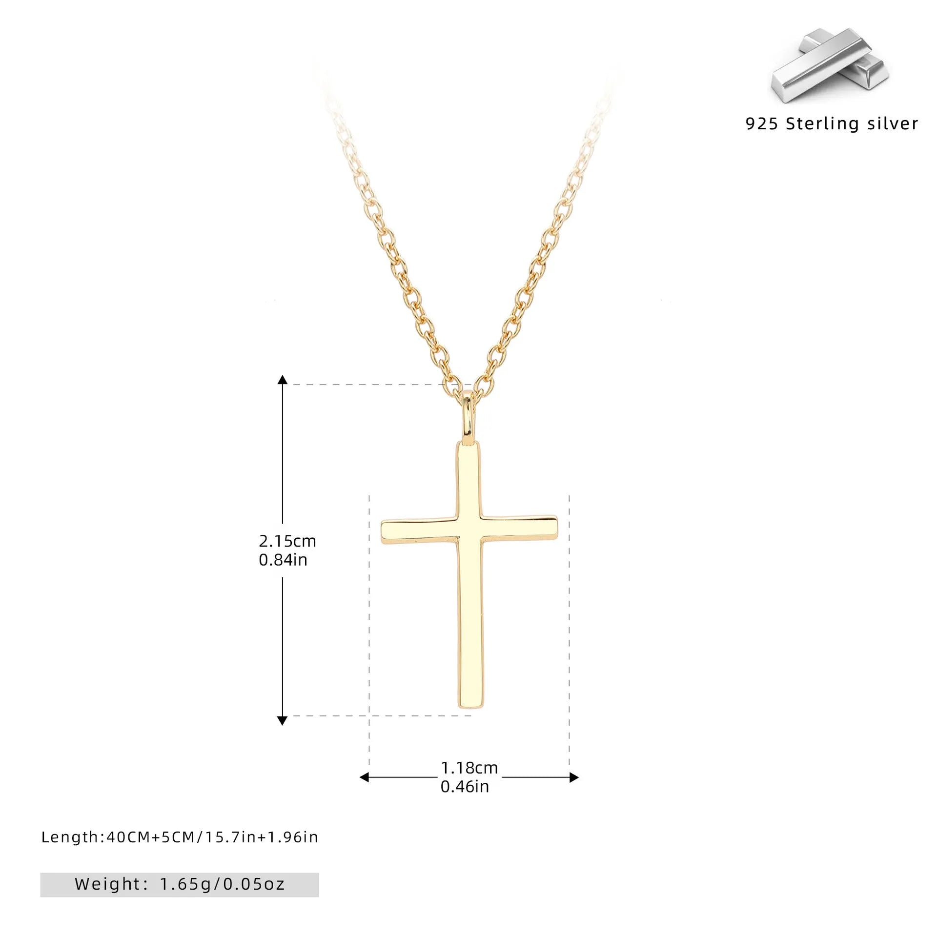 S925 sterling silver necklace with glossy cross pendant on O-chain in gold, platinum, or rose gold plating.