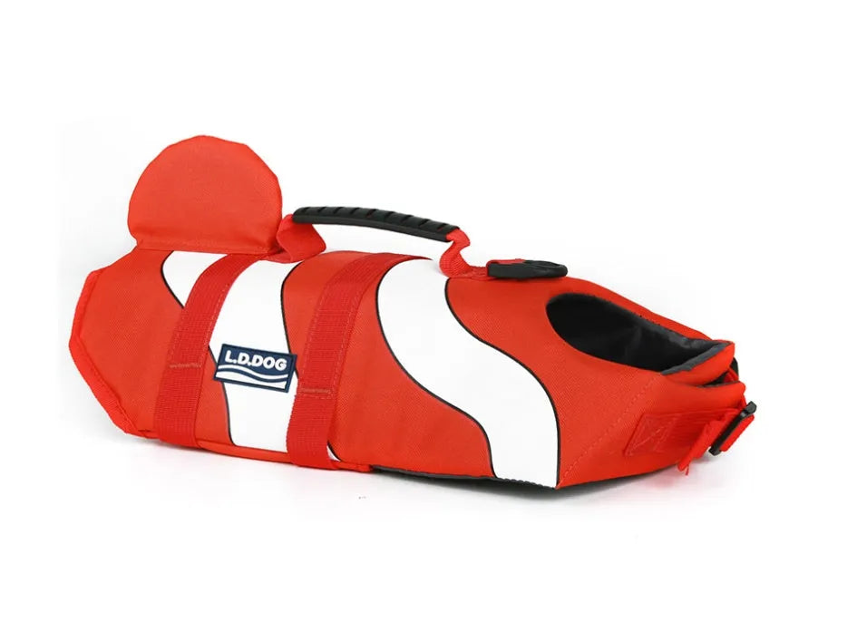 Pet life jacket in 600D polyester oxford with foam filler, available in pink, gray, shark, red, clownfish.