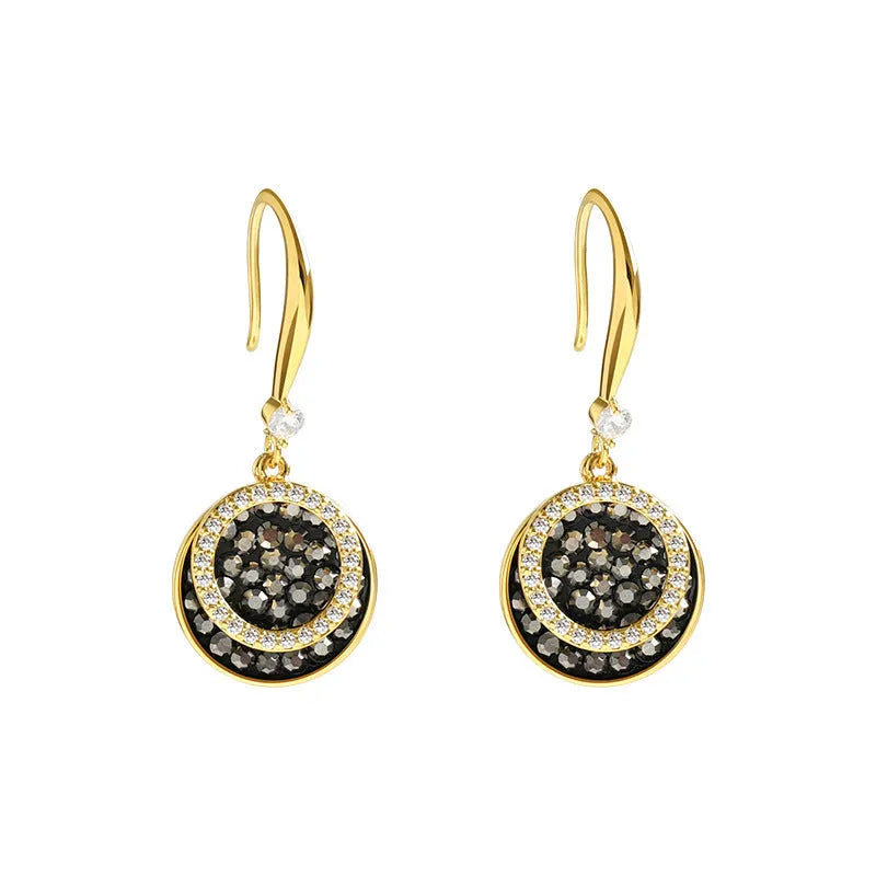 Black geometric alloy earrings with round pieces and 3.6cm length, retro Hong Kong style design.