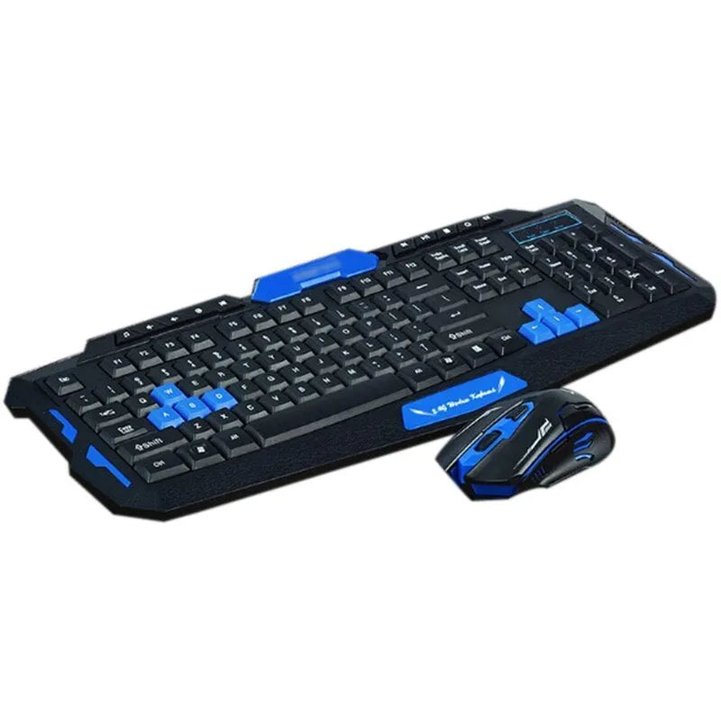 HK8100 2.4G wireless gaming keyboard mouse combo in black and blue with ergonomic design and waterproof feature