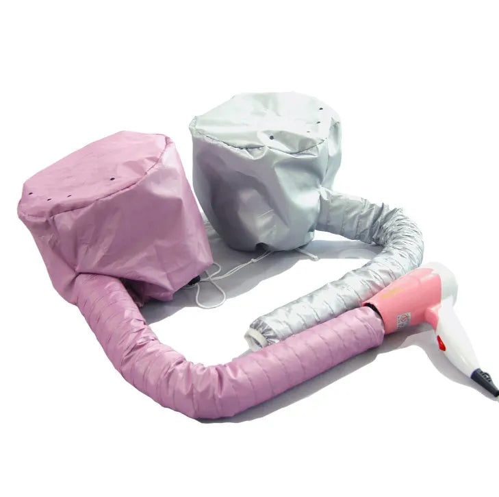 Pink hair dryer bonnet hood with drawstring and elastic tube for universal fit