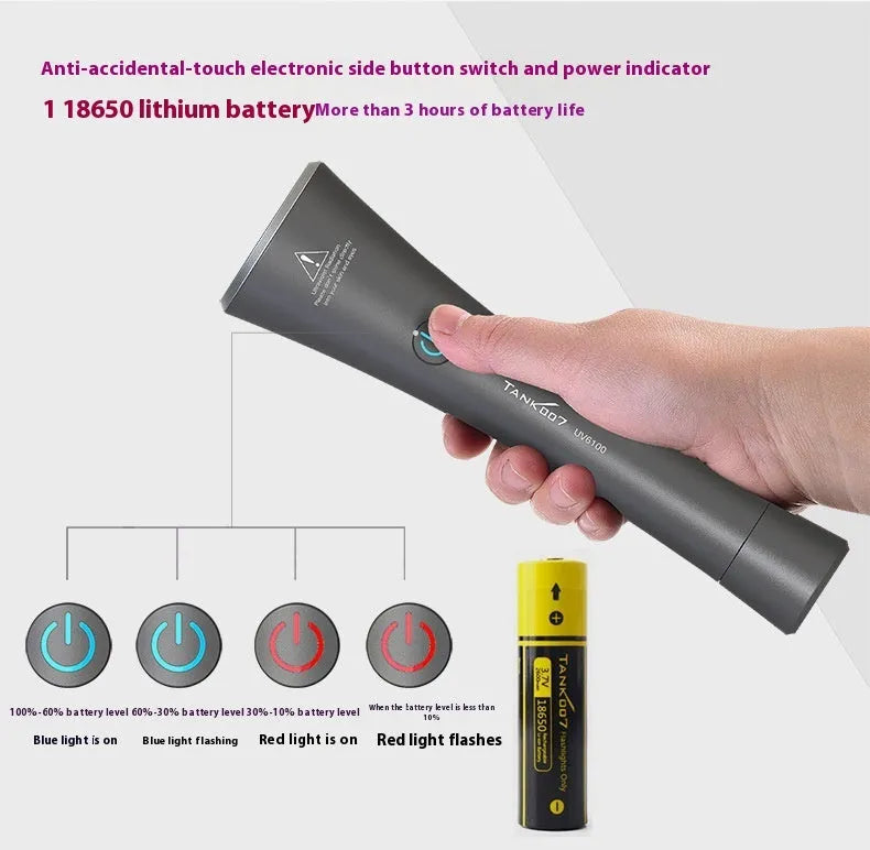 Black anodised aluminium UV flashlight with USB Type-C charging port for pet stain and insect detection.