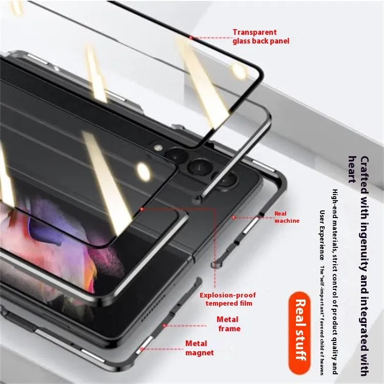 Black magnetic suction glass phone case for Samsung Z Fold 2 3 4 with metal frame and hot-pressed finish