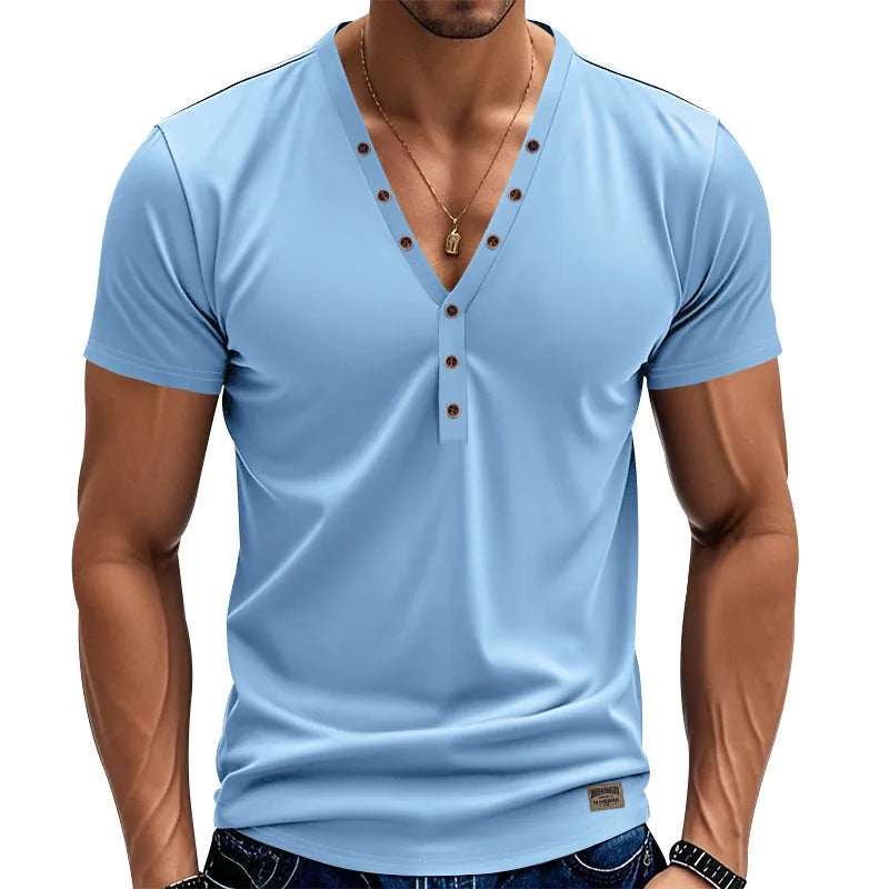 Men's loose fit V-neck button pullover shirt in polyester blend fabric for sports wear