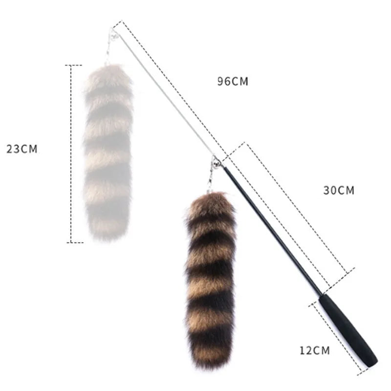 Black cat toy wand with elastic string and feather attachment for interactive feline play