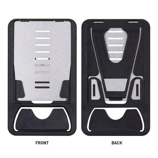 Black card phone holder measuring 8.5cm by 5cm on desktop surface