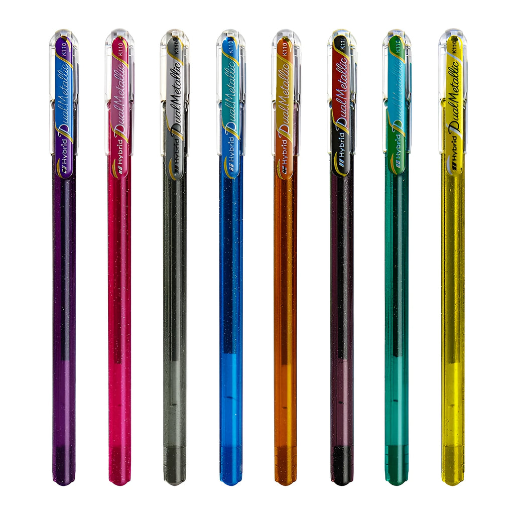K110 model 1.0mm tip pearlescent glitter gel pen in eight colour options on white paper.