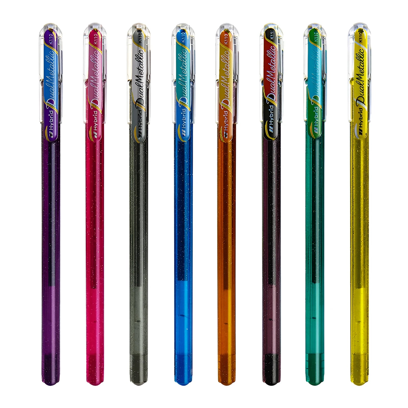 K110 model 1.0mm tip pearlescent glitter gel pen in eight colour options on white paper.