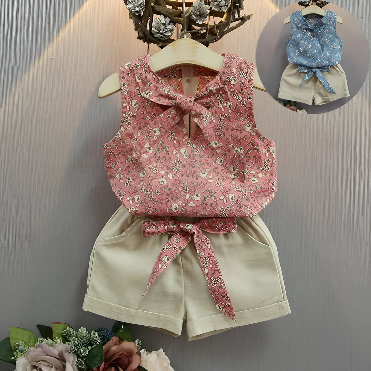 Floral khaki blue sleeveless bow vest and shorts set for girls on white background