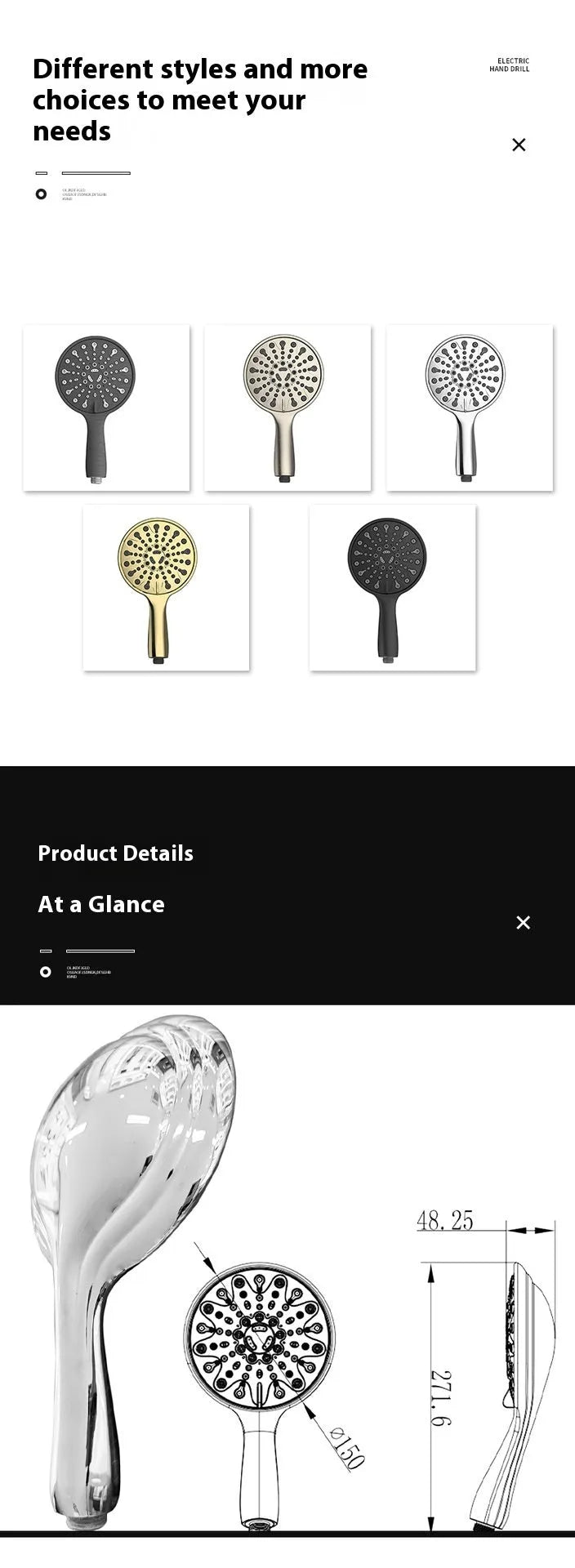 Six-function handheld shower head with electroplated finish showing multiple spray pattern options