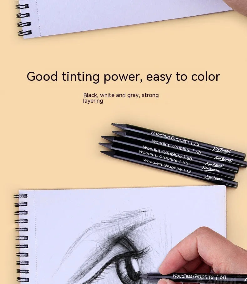 Set of six wood-free graphite sketching pencils in grades HB, 2B, 4B, 6B, 8B, and EE