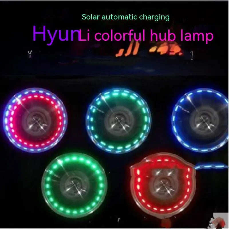 Solar valve tyre light with colour-adjustable LEDs mounted on car tyre valve stem