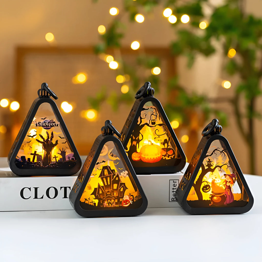 A Halloween decoration pumpkin lamp prop in plastic and glass, showing one of the four colour design options.