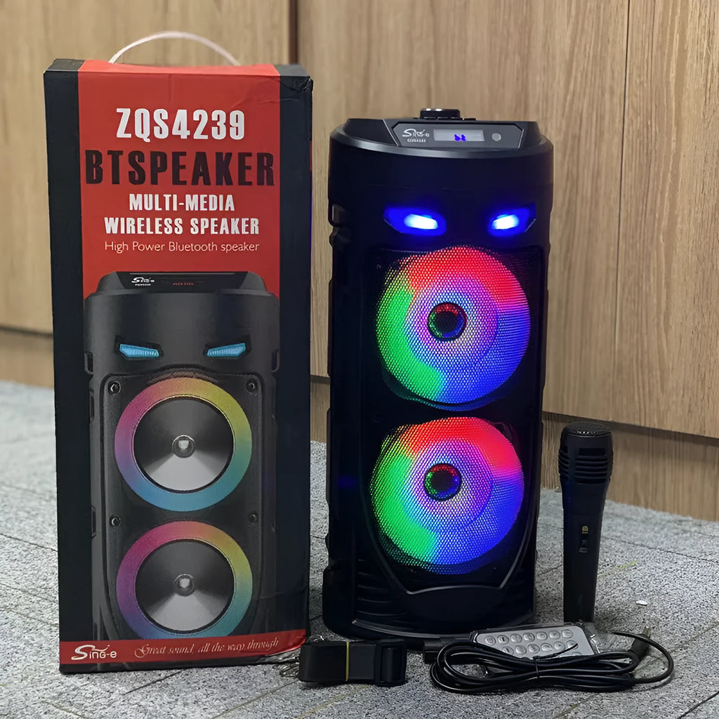 Black portable Bluetooth speaker with dual horn cannon design and USB charging port