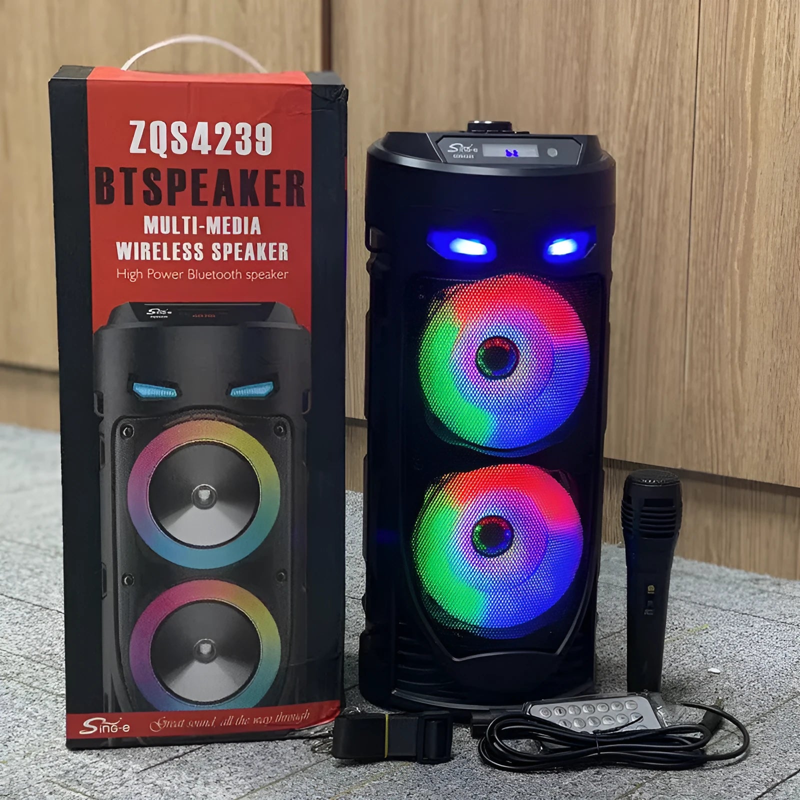 Black portable Bluetooth speaker with dual horn cannon design and USB charging port