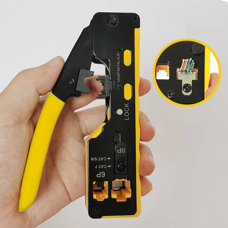 RJ45 network crimper and cable stripper in black or blue, 21 x 136mm, with non-slip handle and security lock