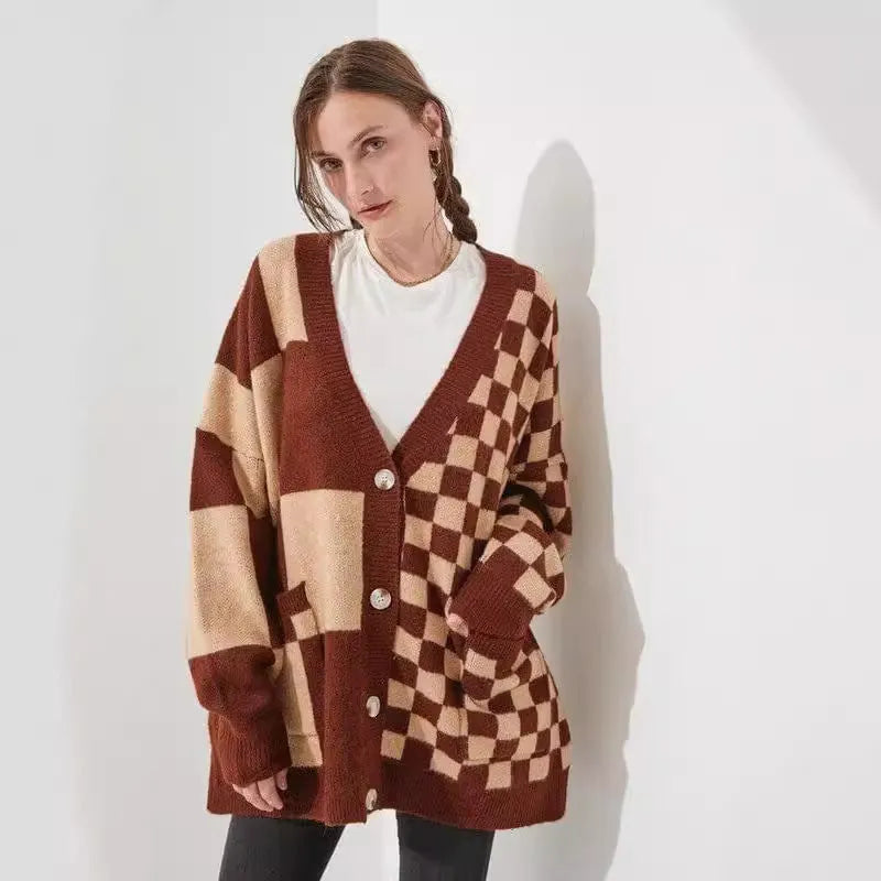 Women's loose slim fit cardigan in a checks print pattern, available in multiple colours.