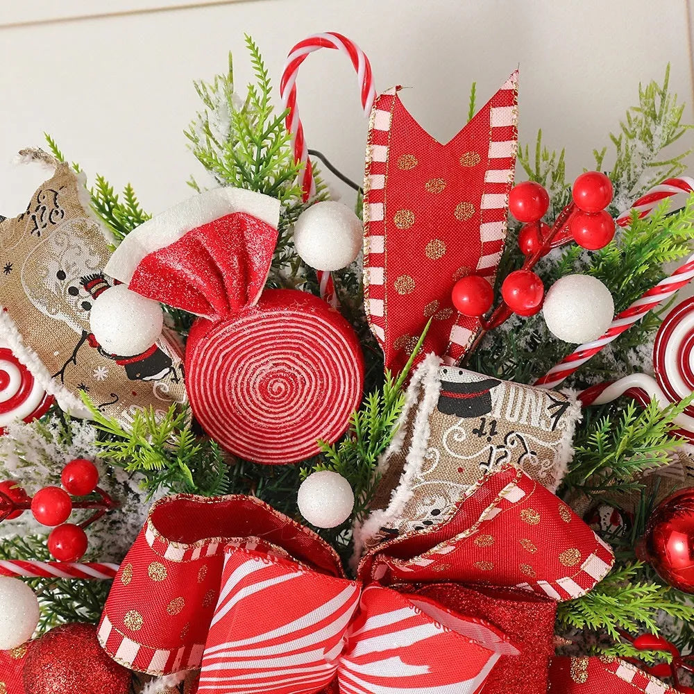Artificial Christmas candy upside down tree garland in plastic, 50cm size, with yellow ribbon loops for hanging