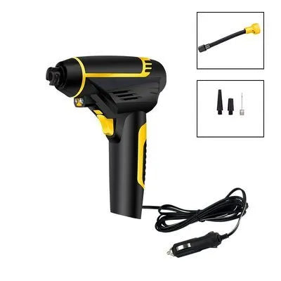 Automatic portable handheld digital LED car air compressor with hose and connectors on black background