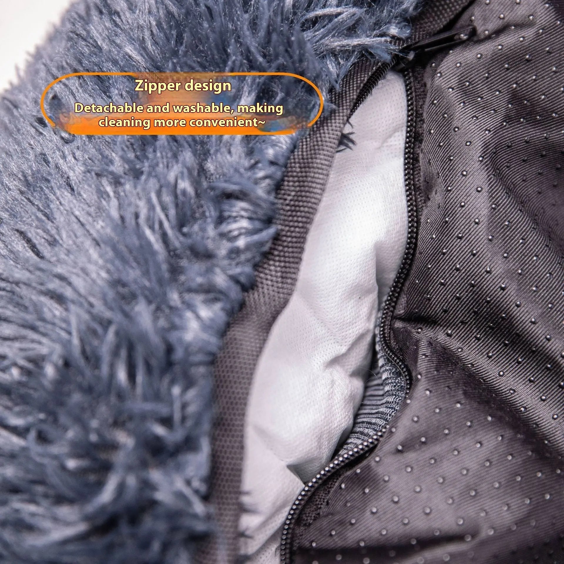 Thick dark grey thermal pet mat placed on a car's back seat, showing its size and removable cloth construction.