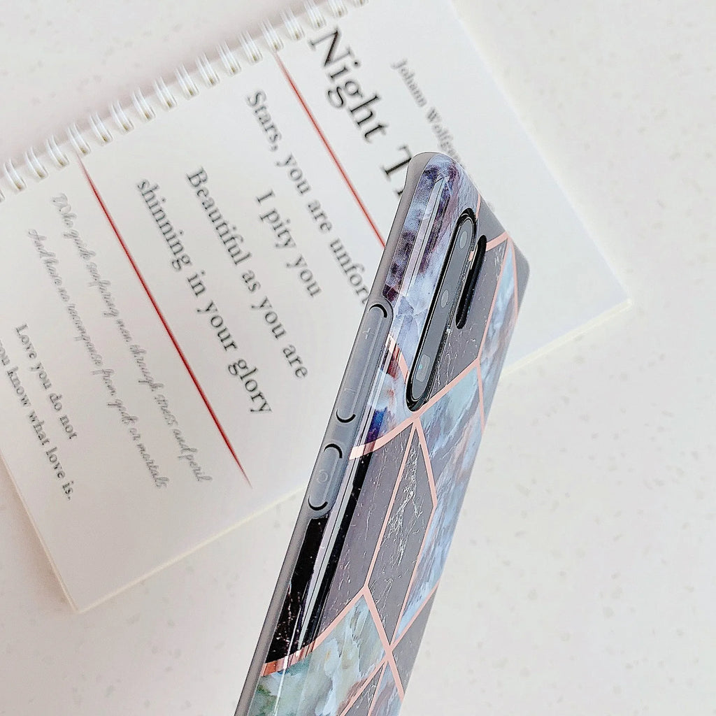 Electroplated marble pattern TPU phone case for Huawei and Samsung smartphones in various colours.