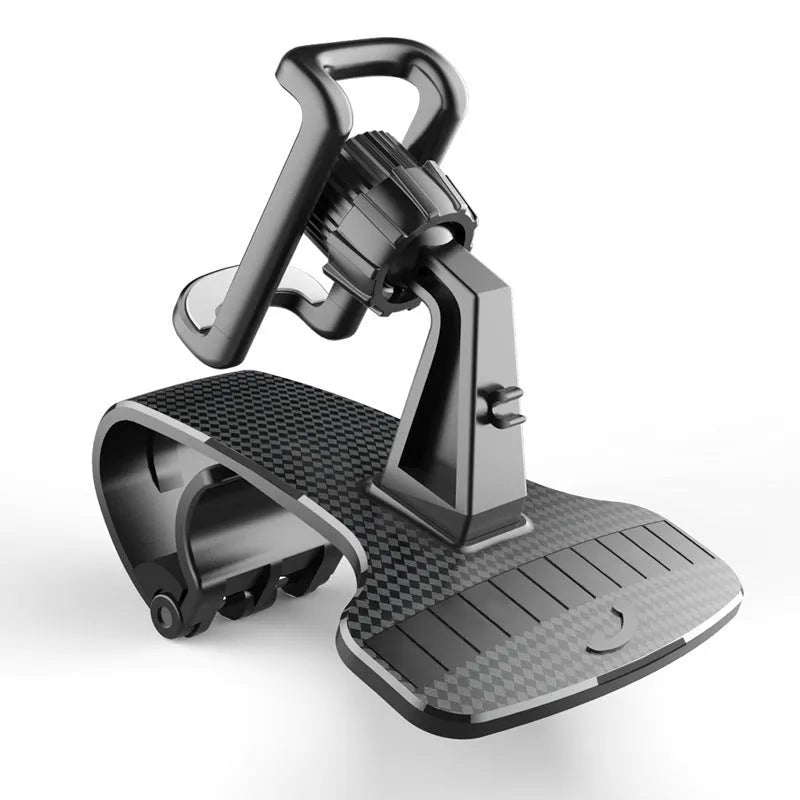 Black car phone mount with 360-degree rotating head and width-adjustable cradle