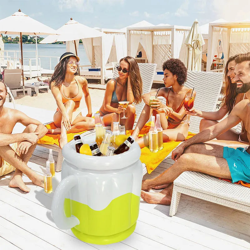 Yellow PVC inflatable ice bucket for cooling beer steins at outdoor events