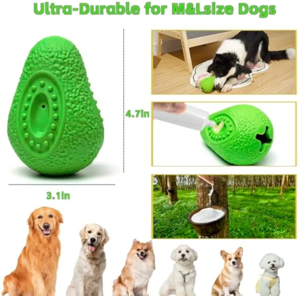 Green avocado-shaped natural rubber dog chew toy for aggressive chewers.