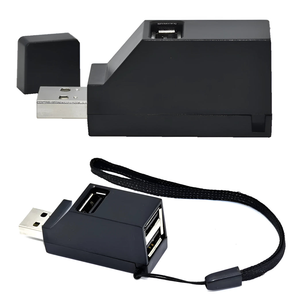 USB 2.0 mini portable 4-port hub extender in black for laptop or desktop