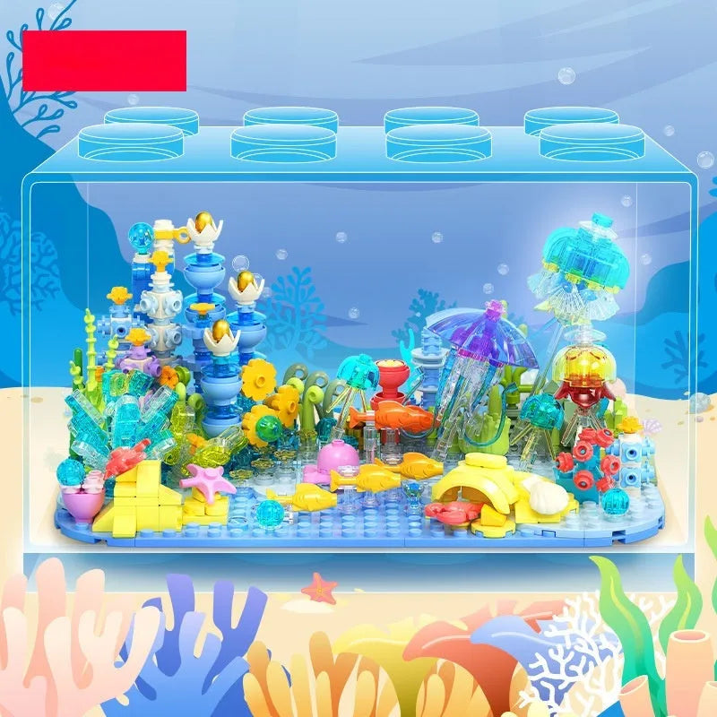 Blue plastic building blocks submarine model assembled on a white background, suitable for girls aged 7-14