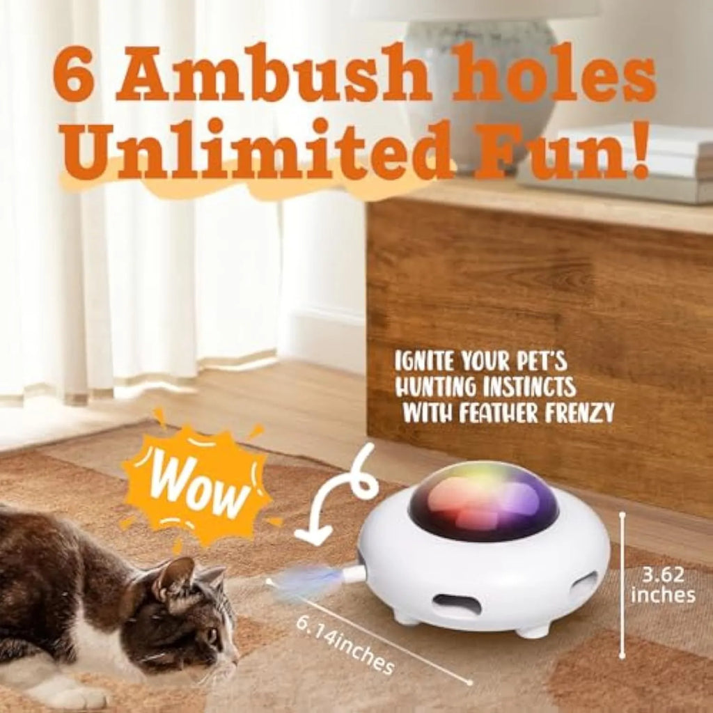 White automatic cat toy with colourful feathers and LED lights for indoor feline entertainment