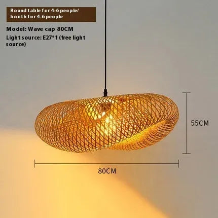Bamboo straw hat-shaped hanging lamp with natural rattan shade measuring 50cm diameter