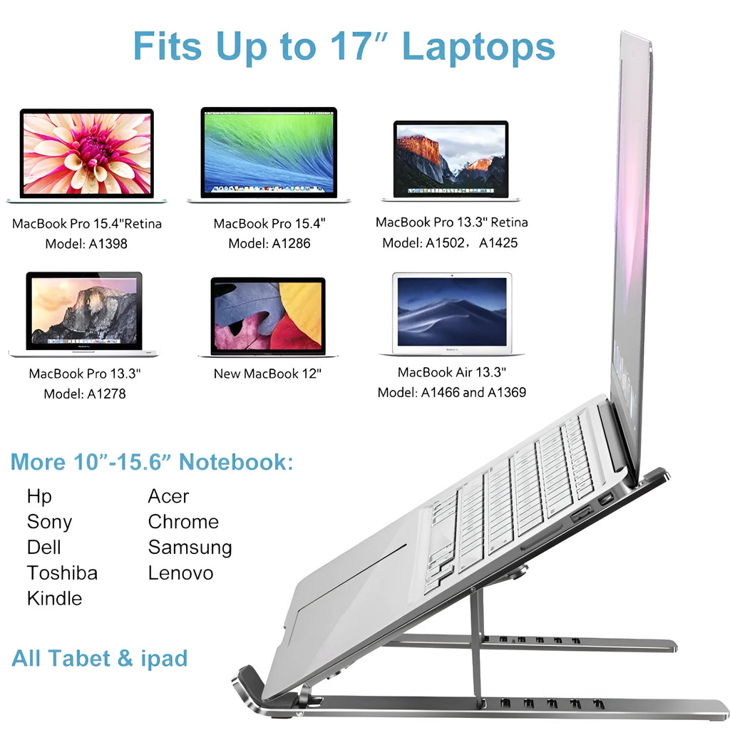 Portable aluminum alloy laptop stand in folded and extended positions showing height adjustment mechanism