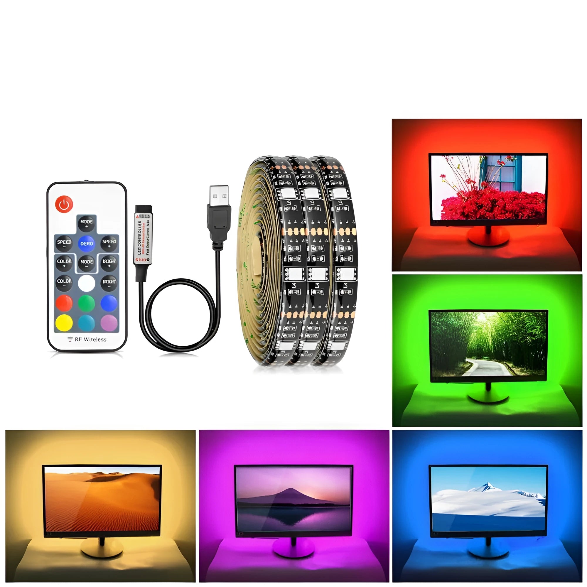 Flexible LED strip light bent into a curve, showing individual cut points between the 30 small LEDs.