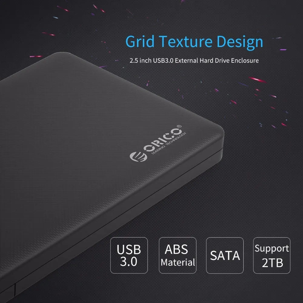 ORICO 2577U3 black external hard drive enclosure with USB 3.0 interface on a desk