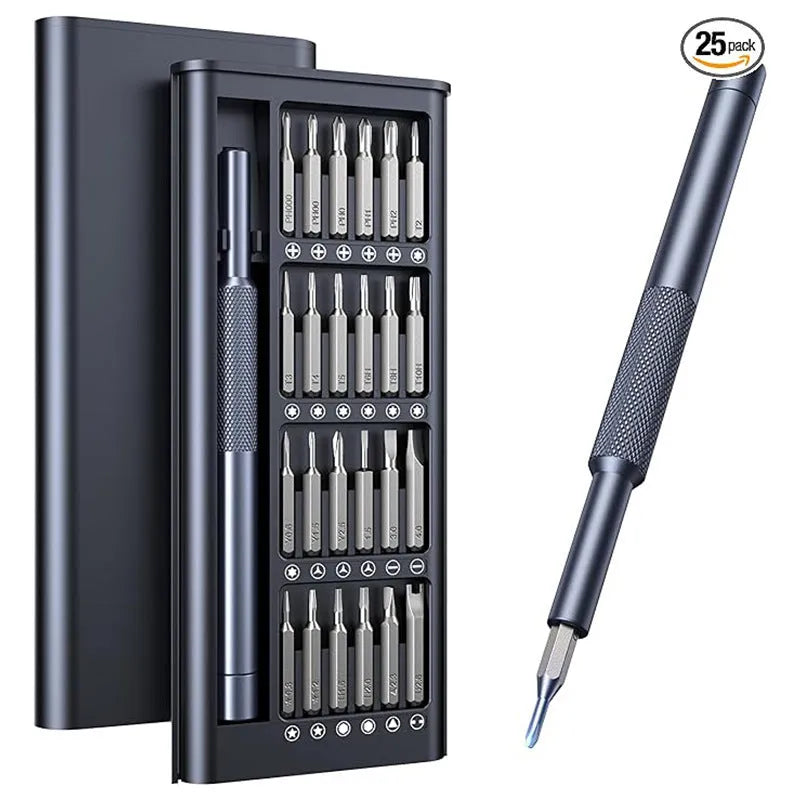 25-in-1 magnetic precision screwdriver set with knurled handle and chrome vanadium steel bits