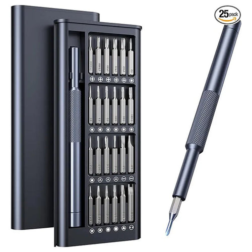 25-in-1 magnetic precision screwdriver set with knurled handle and chrome vanadium steel bits