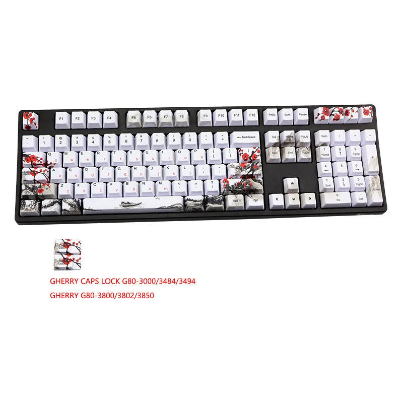 Set of 109 PBT keycaps with plum blossom design on a black background, showing Japanese legend style.