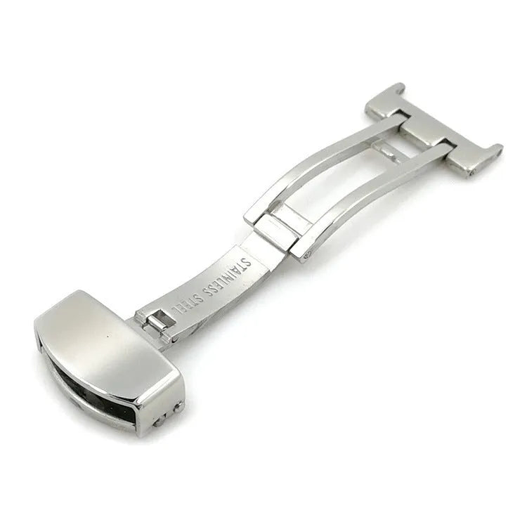 Silver stainless steel single-side folding watch clasp on a white background, showing five size options from 14mm to 22mm.