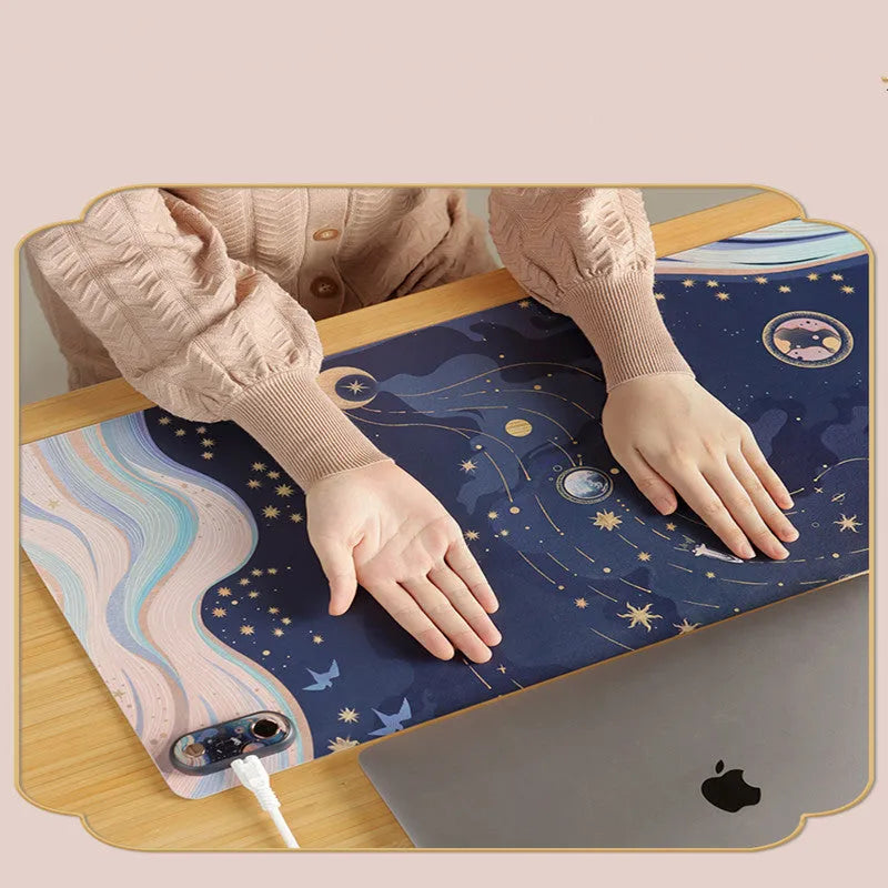 Electric desktop heating pad with PVC leather surface showing artistic pattern options