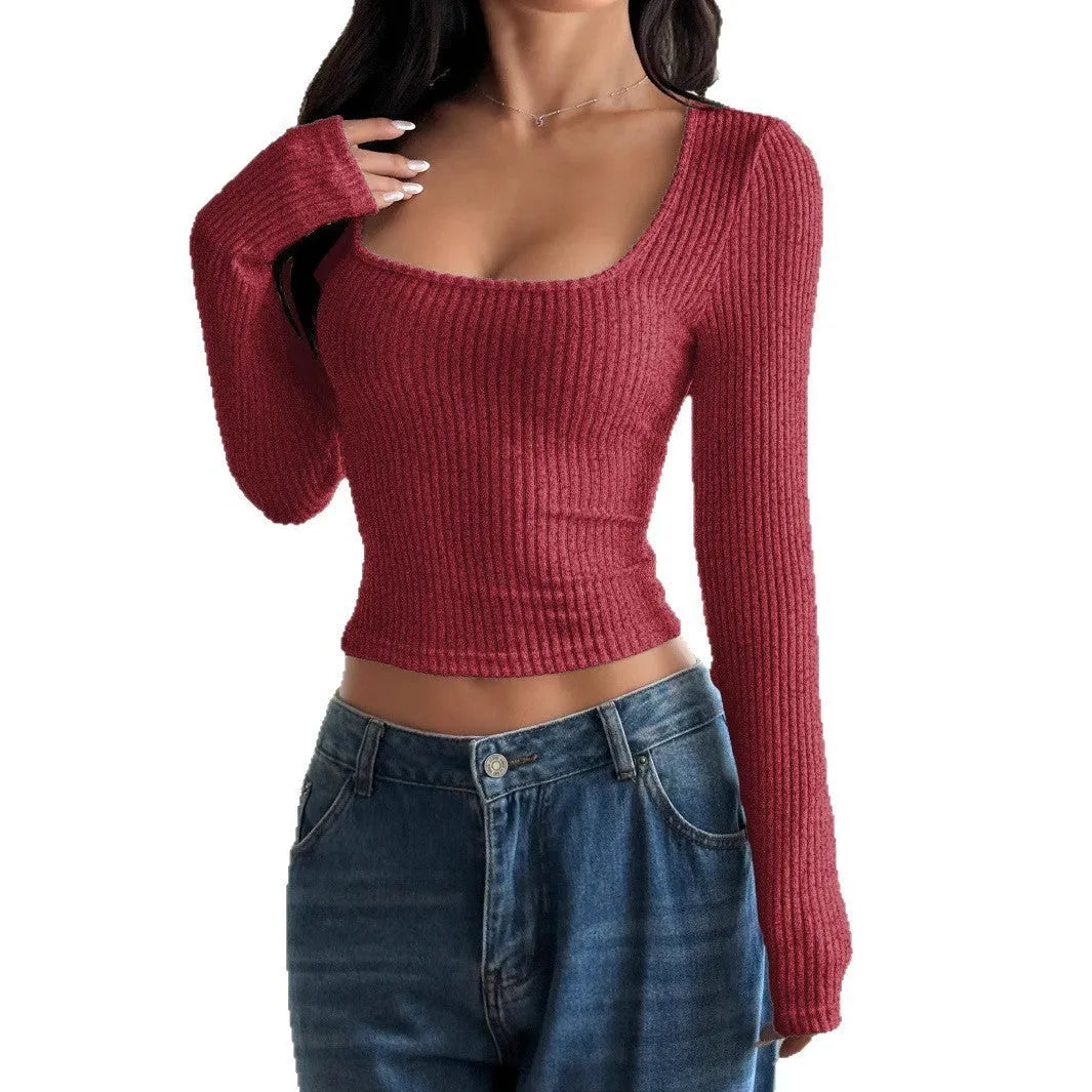 Women's U-neck rib knitted long sleeve top in solid colour, slim fit, polyester, available in white apricot dark red khaki