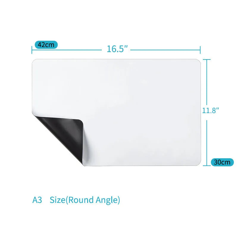 A3 magnetic whiteboard with rounded corners on refrigerator surface showing handwritten notes