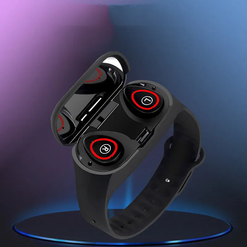 Smart bracelet with integrated wireless earphones showing 1-inch colour touchscreen on silicone wristband