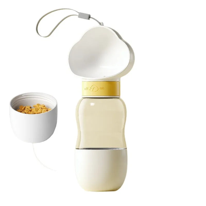 Portable dog water bottle with rotary switch and food container in purple, for outdoor use