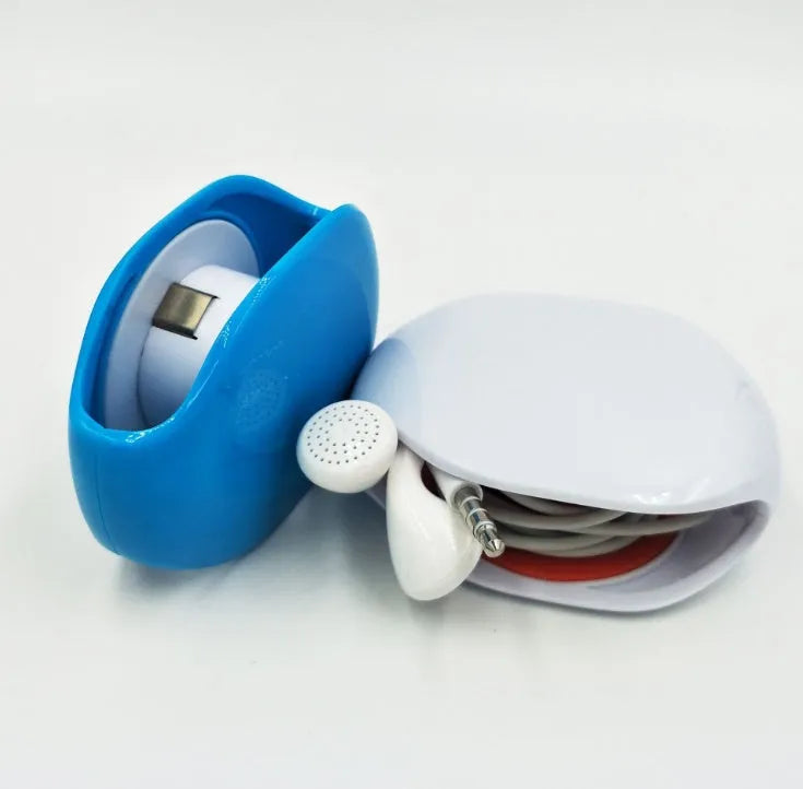 Automatic earphone cable retractor winder in multiple colours on a white background.