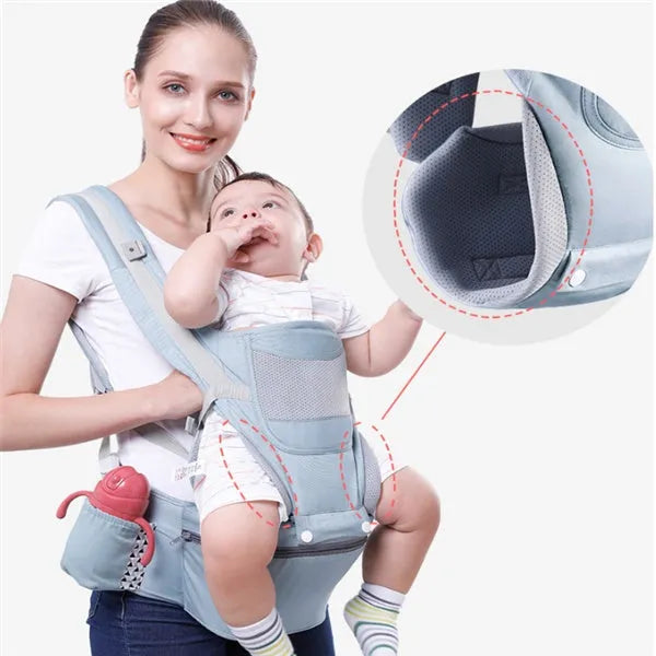 Baby waist stool carrier in blue with breathable mesh, adjustable waistband 71-110cm, cotton fabric